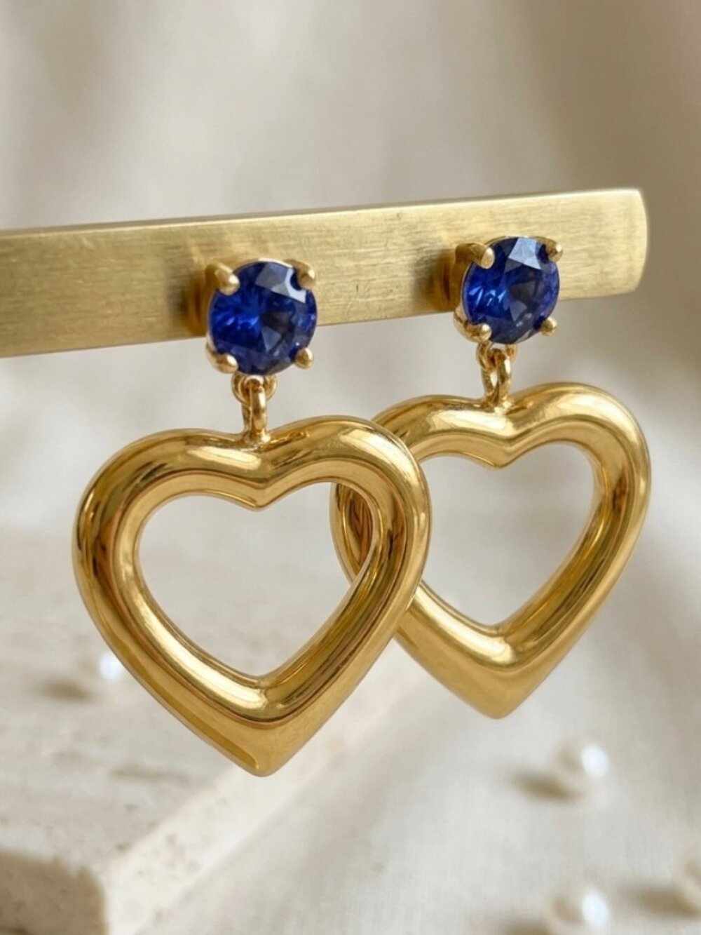 18K Gold Plated Puffy Heart Drop Earrings Blue CZ Stud Coquette Glam Statement